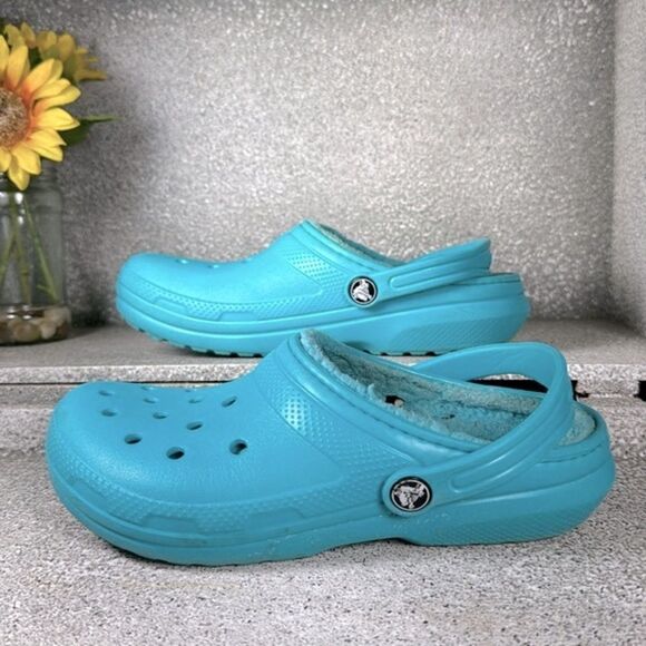 CROCS Teal Turquoise Lined Mules Shoes Juniors 4 - Picture 1 of 7